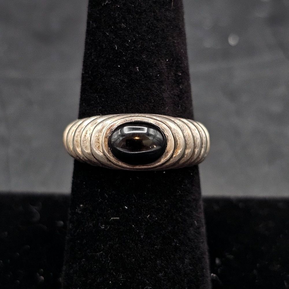 Vintage Onyx Sterling Silver Ribbed Ring Cabochon 1960s SIZE 7.25